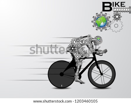 Visual drawing of robot for gear technology industrial, bike fass speed in match triathlon sport game,healthy lifestyle, abstract black and white vector illustration