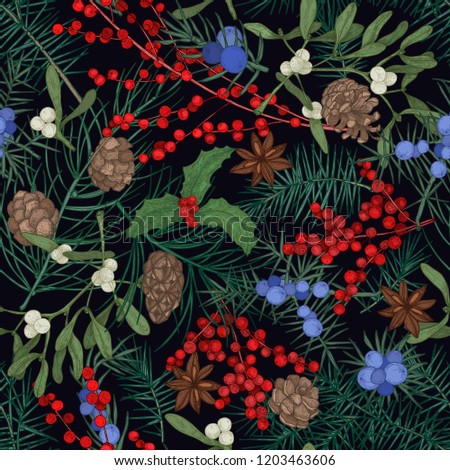 Elegant seamless pattern with winter seasonal plants, coniferous tree branches and cones, berries and leaves on black background. Christmas vector illustration in antique style for textile print.