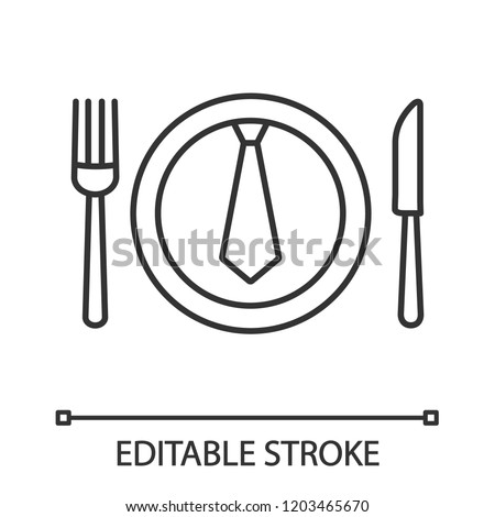 Business lunch, dinner linear icon. Discussing business over meal. Thin line illustration. Table knife, fork and plate with tie inside. Contour symbol. Vector isolated outline drawing. Editable stroke