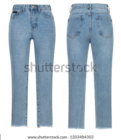 Beautiful set, women's short blue jeans with fringe, front and back view, aged, scuffs, denim, clipping, isolated on a white background, ghost mannequin Royalty-Free Stock Photo #1203484303