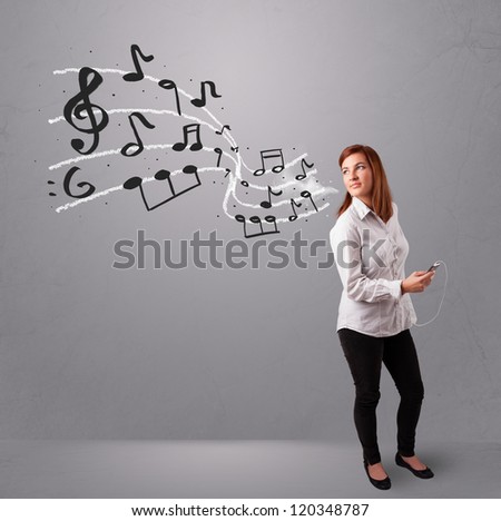 attractive young lady singing and listening to music with musical notes getting out of her mouth