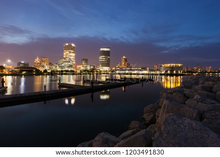 Panorama of Milwaukee at night. Milwaukee, Wisconsin, USA.
