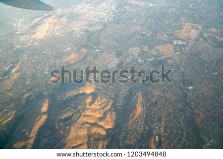 Aerial view of San Jose, California at sunrise shot from an airliner