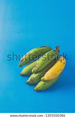 yellow banana among green bananas on a deep blue background meaning the racial discrimination and blue background meaning a sad life
