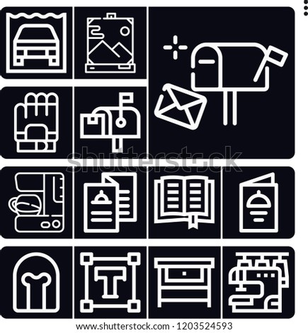 Set of 13 vintage outline icons such as helmet, postbox, picture, type, workbench, book, amphibious car, menu, coffee, sewing machine, gloves