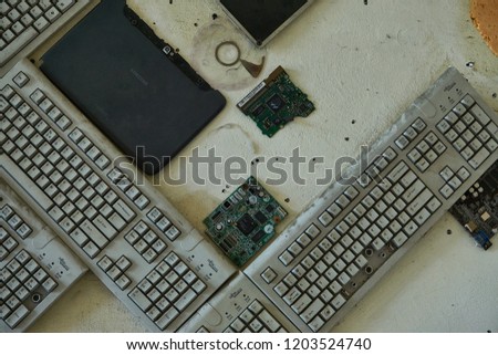 Computer mouse and keyboard parts.