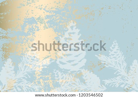 Trendy Chic Pastel colored background with Gold Foil shapes and painted christmas tree silhouettes. Abstract unusual textures for wallpaper, greeting cards, headers, decoration elements. Vector
