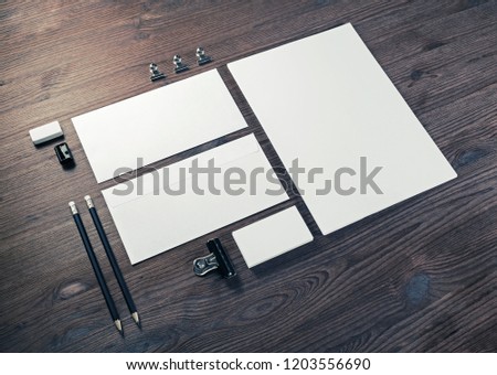 Blank stationery set on wooden background. ID template. Mockup for branding identity for designers.