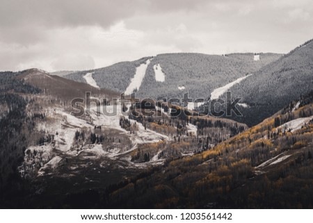 Landscape view of Vail, Colorado after an autumn snow storm. 