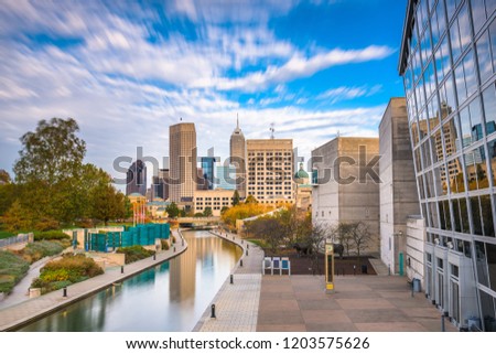 Indianapolis, Indiana, USA downtown skyline over the river walk.