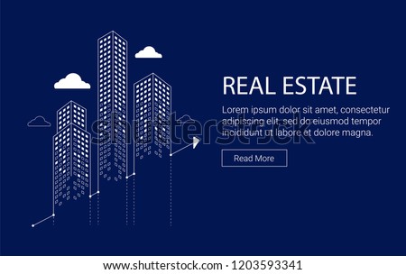 Real estate investment graphic with skyscrapers and clouds. Royalty-Free Stock Photo #1203593341