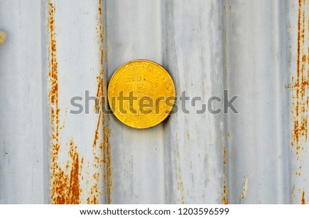 Crypto currency Gold Bitcoin, BTC, macro shot of Bitcoin coins on metal background,  bitcoin mining concept