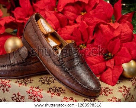 A genuine deer skin leather pair of shoes, with a shoe tree inside each one. The luxurious footwear accessories are on a gift for a holiday themed picture.