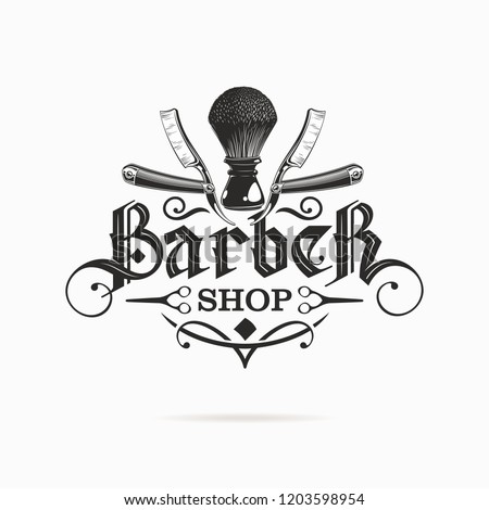 barber shop logo with gothic lettering Royalty-Free Stock Photo #1203598954