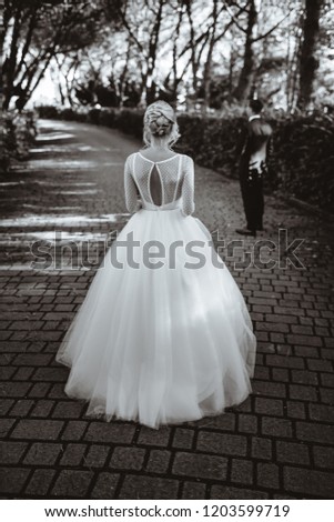 A girl dressed in a wedding dress on the background of nature. Black and white picture.