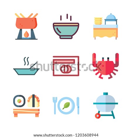 dinner icon set. vector set about soup, crab, barbecue and diners club icons set.