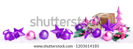 Christmas lantern with gifts, colored balls and stars on snow isolated background. Christmas background concept