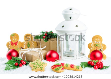 Christmas lantern with gifts, colored balls on a snow isolated background. Christmas background concept