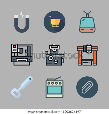 steel icon set. vector set about magnet, cable car cabin, industrial robot and bottle opener icons set.