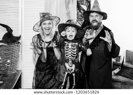 Scary face. Halloween Witch and family. Halloween decoration and scary concept