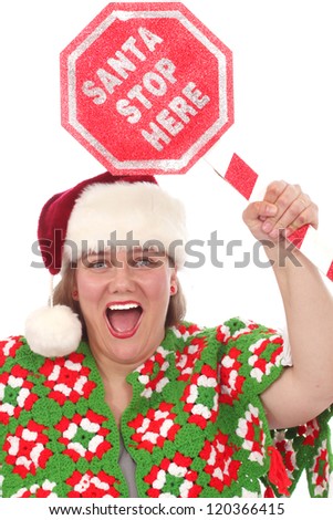 Woman with Santa Stop Here sign