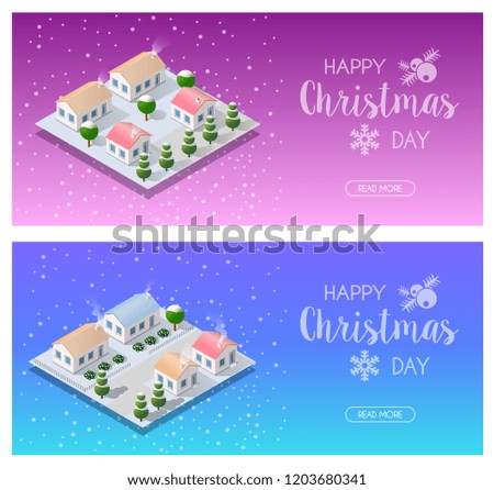 Isometric landscape snow covered Christmas tree forest village in the snow winter holiday