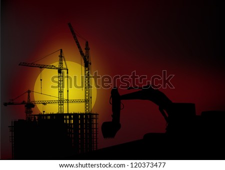 illustration with digger near house building at sunset