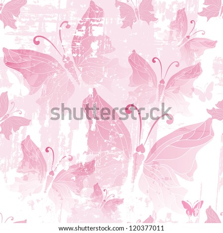 Seamless pink grunge pattern with translucent butterflies (vector EPS 10)