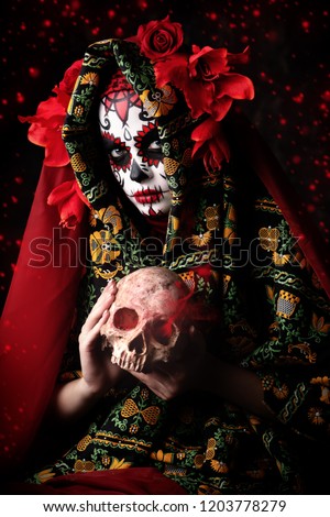 A portrait of Calavera Catrina. Sugar skull makeup. Dia de los muertos. Day of The Dead. Halloween.