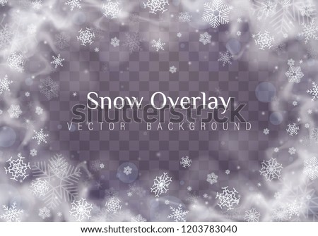 Falling Christmas snow. Snowflakes isolated on transparent background. Vector heavy snowfall, snowflakes in different shapes and forms.