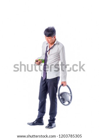 drunk business man wear black suit holding wine bottle and steering wheel on  isolated white background