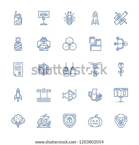 Collection of 25 logo outline icons include icons such as shield, broccoli, rocket, scoreboard, pumpkin, pineapple, cupid, rgb, hubble space telescope, walkie talkie