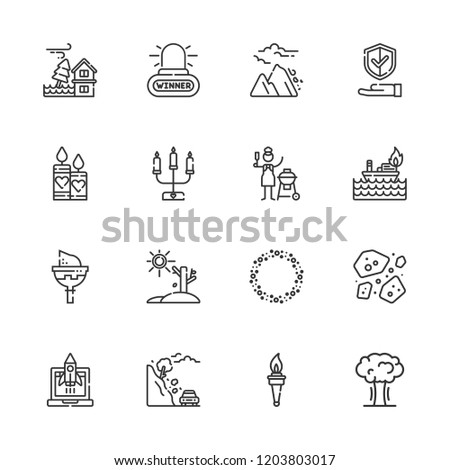 Collection of 16 fire outline icons include icons such as alarm, explosion, rocket, candelabra, asteroid, asteroids, torch, fire, flood, avalanche, landslide, drought