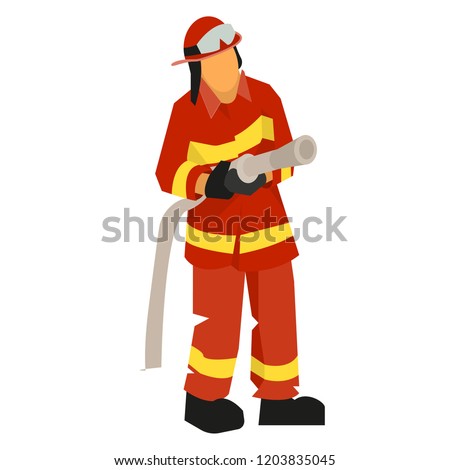 A fireman in a red fireproof form stands with a fire hose.