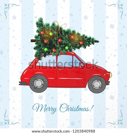 Vintage red car carrying Christmas tree. Christmas card on blue striped background.