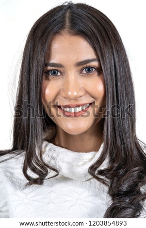 Portrait Asian woman wearing the sweater on white background, closeup beautiful big eyes isolate include clipping path, fashion and lifestyle concept