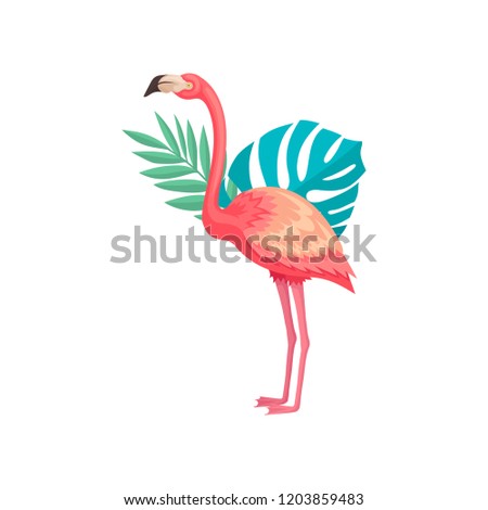 Flamingo with green leaves of tropical trees. Bird with pink plumage, long legs and neck. Flat vector for postcard or poster