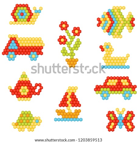 Flat vector set of objects made of colorful plastic mosaic car, fish, duck, butterfly, flower . Kids game. Children construction