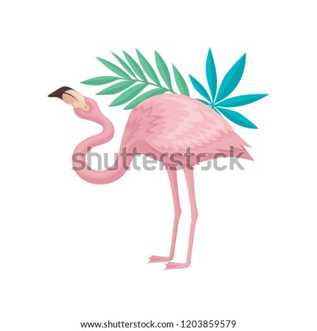 Flamingo with gentle pink feathers and green leaves of palm trees. Beautiful bird with long legs and neck. Flat vector design