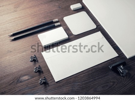 Blank stationery and corporate identity template on wooden background. Mock-up for graphic designers portfolios.