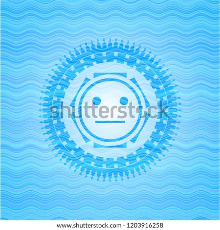 serious face icon inside sky blue water emblem background.