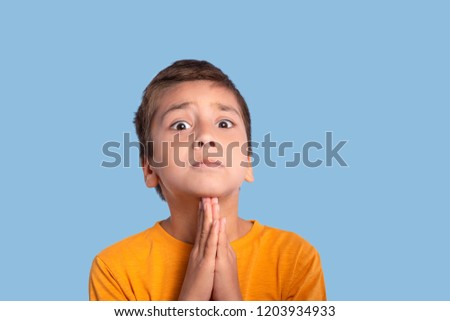 Humorous waist up portrait of a boy begging for his request on blue background in studio