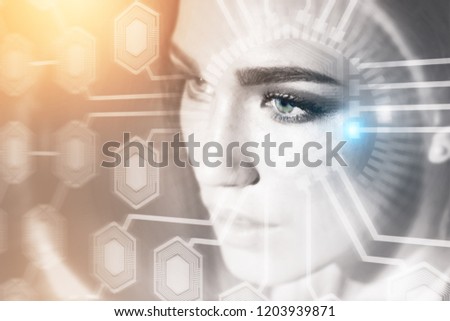 Beautiful woman looking at circuits network. Hud over gray futuristic background. Hi tech and ai concept. Toned image double exposure mock up