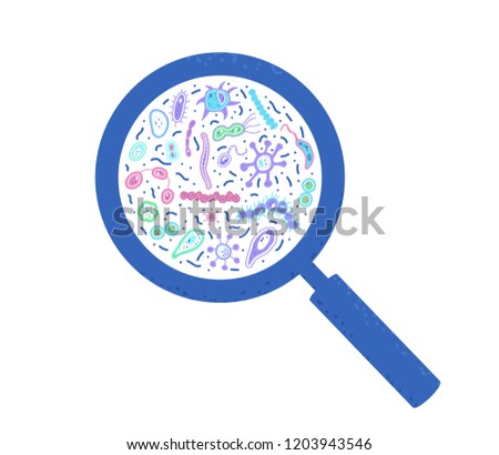 Bacterias cells  macro badge. Microorganism collection flat shapes with magnifying. Vector illustration.