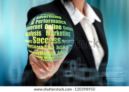 Business woman pointing on business concepts in futuristic interface.