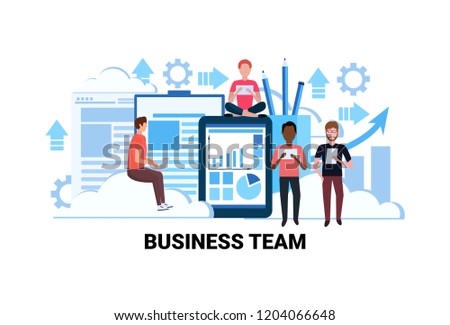 mix race people brainstorming financial graphs analytic teamwork successful business team concept flat horizontal vector illustration