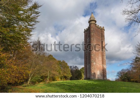 Alfred's Tower, near Stourhead, England in Autumn. A folly constructed by Henry Hoare II in 18th century to commemorate King Alfred's victory over the Danes at the battle of Eddington Royalty-Free Stock Photo #1204070218