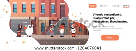 kids wearing monsters ghost pumpkin wizard clown costumes walking town holiday concept tricks or treat happy halloween cartoon character full length horizontal banner copy space flat vector