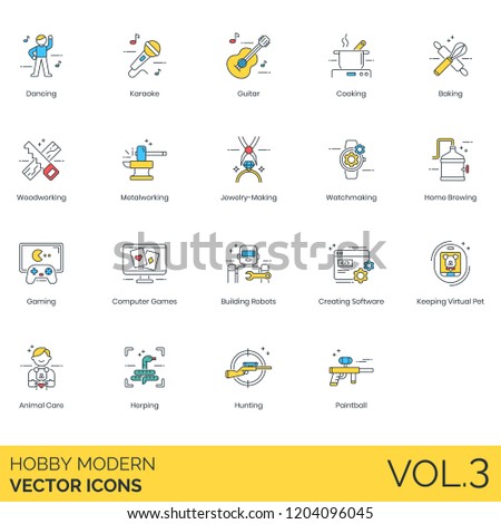 Hobby icons including dancing, karaoke, guitar, cooking, baking, woodworking, metalworking, jewelry, watch making, brewing, computer games, robots, software, virtual pet, animal care, herping, hunting