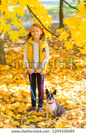 Little girl playing in an autumn park with boston terrier dog. Leisure time concept